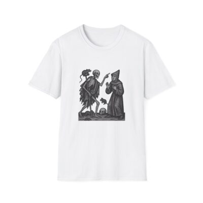 Medieval Death and the Monk – Danse Macabre Art (white t-shirt)