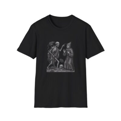 Medieval Death and the Monk – Danse Macabre Art (black t-shirt)